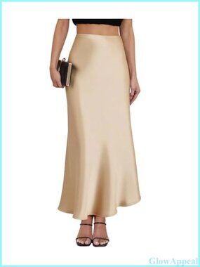 Satin Silky Midi Skirt Side Slit High Waist A-Line Flowy Formal